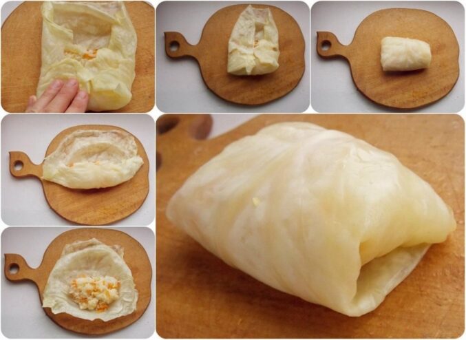 Step-by-Step Guide to Rolling Cabbage Rolls (Golubtsy) A hand wrapping a cabbage leaf around a portion of vegetable and rice filling to form a golubets.