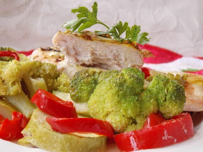 A baking dish with cooked chicken breasts resting on a bed of roasted vegetables like broccoli, peppers, and zucchini.