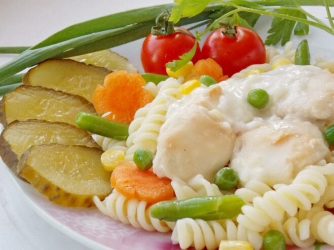 A plate of chicken with creamy Béchamel sauce, garnished with fresh herbs.