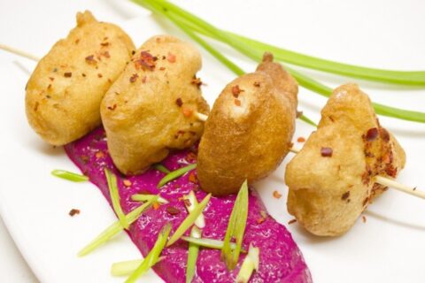 Fish in Batter with Beetroot Purée
