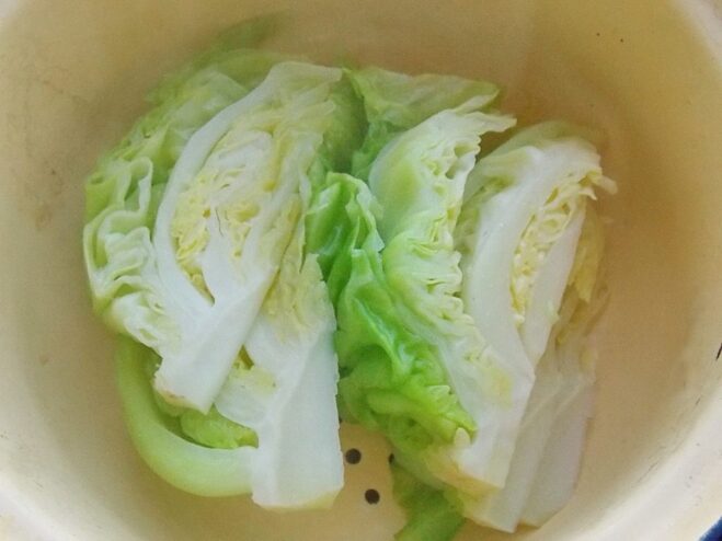 Allowing boiled cabbage wedges to cool and drain before breading Boiled cabbage wedges resting in a colander to drain excess water.