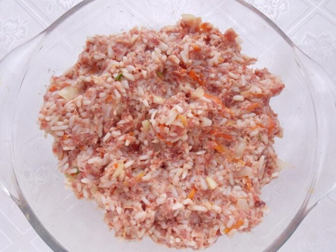 A mixture of ground meat, cooked rice, and sautéed vegetables in a bowl.