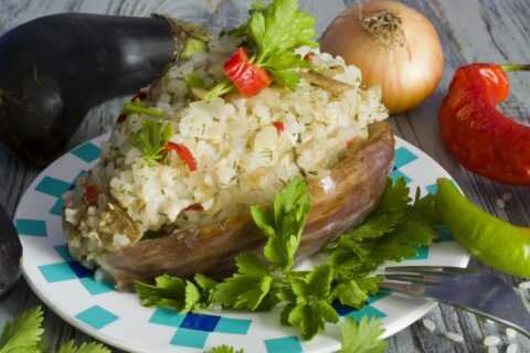 Stuffed Eggplants with Rice and Chicken