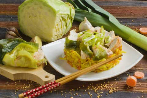 Steamed Chicken Fillet with a Side of Stewed Cabbage
