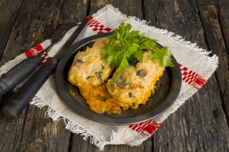 The finished Lazy Cabbage Rolls, ready to be served A close-up of the cooked Lazy Cabbage Rolls with Mushroom Solyanka in a baking dish.