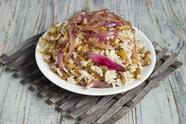 The finished Mujadara served in a bowl, ready to eat A serving of Mujadara in a white bowl, garnished with fried onions.