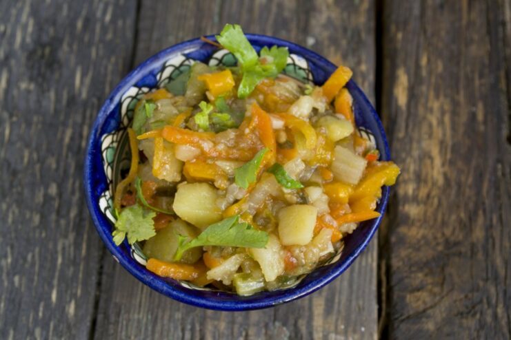 Serving the delicious and aromatic Georgian Ajapsandali A finished bowl of Ajapsandali, the Georgian vegetable stew, ready to be served.