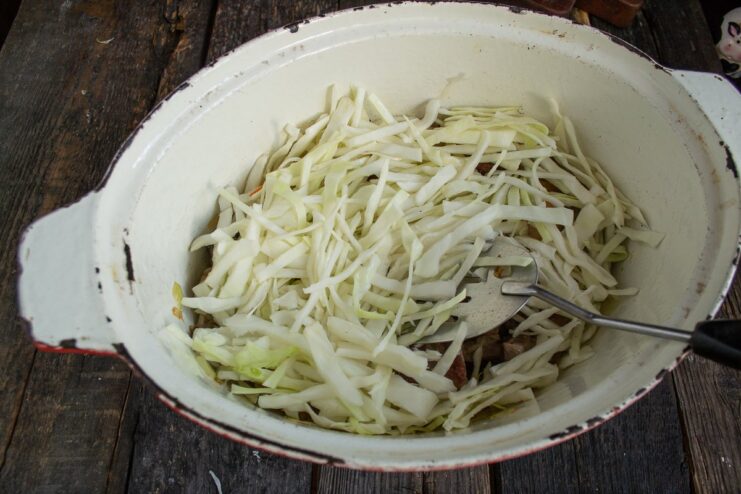 Layering fresh cabbage over the seared pork in the Dutch oven. A layer of shredded fresh cabbage being added to the Dutch oven on top of seared pork.
