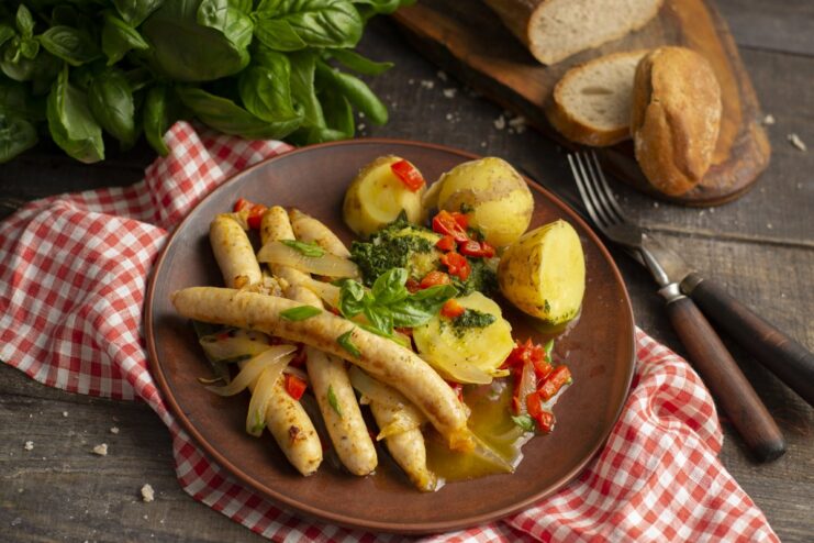A plate of French fried sausages with potatoes, garnished with herbs.