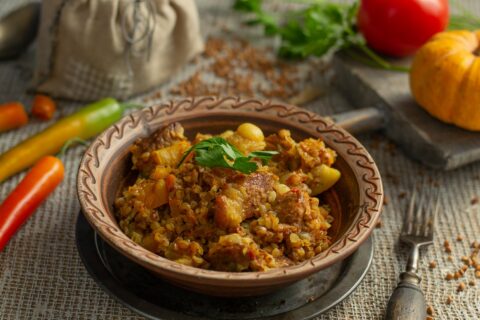 Grechka po-kupecheski — Merchant-Style Buckwheat with Pork and Pumpkin