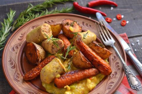 Chicken Goulash with Roasted Vegetables and Sausage