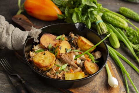 Pan-Fried Potatoes with Mushrooms and Chicken — A Perfect Combination