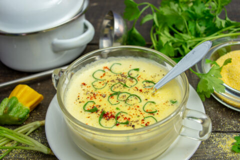 Creamy Zucchini Soup with Polenta and Cheese