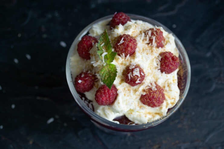 Ready to serve: Raspberry Jelly with Whipped Cream The finished raspberry jelly with whipped cream dessert, garnished and ready to be served.
