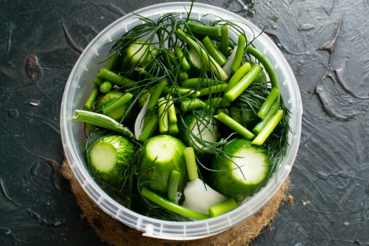 Packing Cucumbers Tightly in the Jar Cucumbers, garlic scapes, and dill packed vertically into a pickling container.