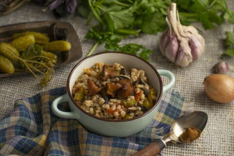 Fluffy Pearl Barley with Pickled Cucumbers and Mushrooms