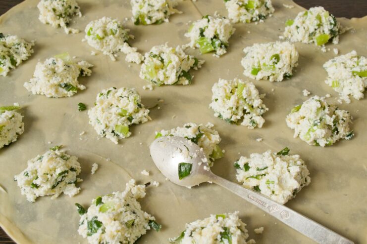 Assembling the Ravioli: Placing Dollops of Filling on the Dough Small portions of cheese filling arranged in rows on a sheet of pasta dough.