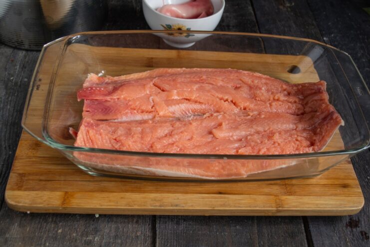 Two Perfect Pink Salmon Fillets Ready for Curing Two large, clean pink salmon fillets with skin on, ready for the gravlax recipe.