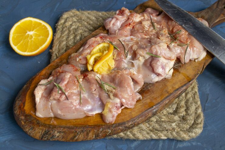 Step 1: Marinating the chicken thighs with spices and orange juice. Raw chicken thighs in a bowl with marinade ingredients like orange, rosemary, and spices.