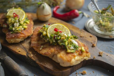 Juicy Breaded Chicken Schnitzel with Avocado Salsa