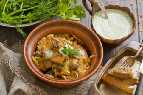 Pork Belly with Stewed Cabbage and Mushrooms