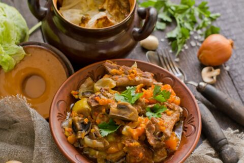 Pork Ribs in a Pot with Pumpkin and Mushrooms