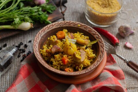 Plov with Bulgur and Pork — Hearty Pork and Bulgur Pilaf