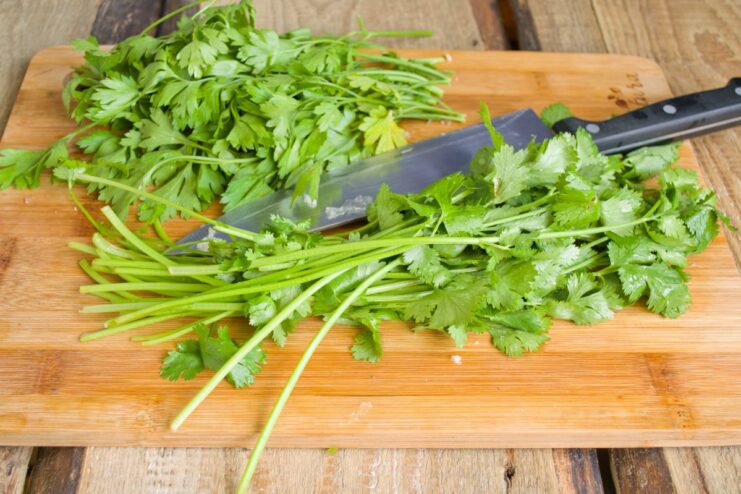 Freshly Chopped Cilantro and Parsley for the Pork Stew A mix of finely chopped fresh cilantro and parsley on a cutting board.
