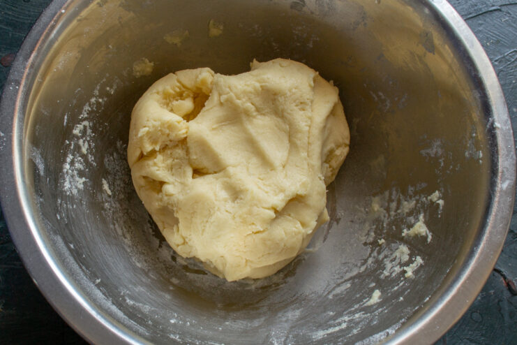 Chilling the shortbread dough before baking A ball of freshly mixed shortbread dough ready to be chilled in the refrigerator.