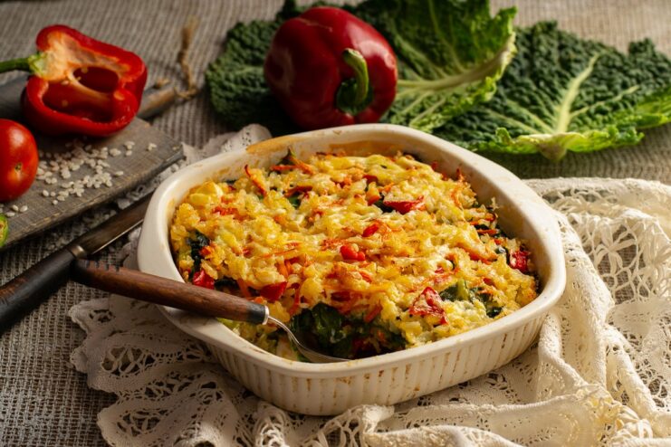 A slice of vegetarian Savoy cabbage gratin on a plate, ready to be served.