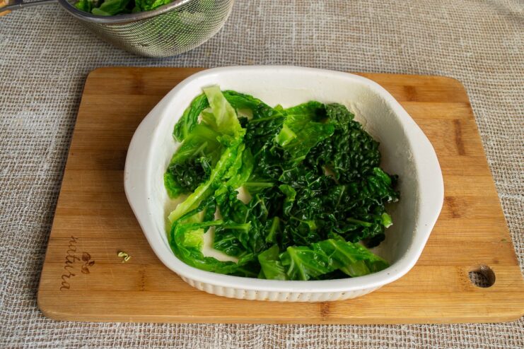 Starting the first layer of the gratin with tender blanched Savoy cabbage. The first layer of blanched Savoy cabbage in a greased baking dish.