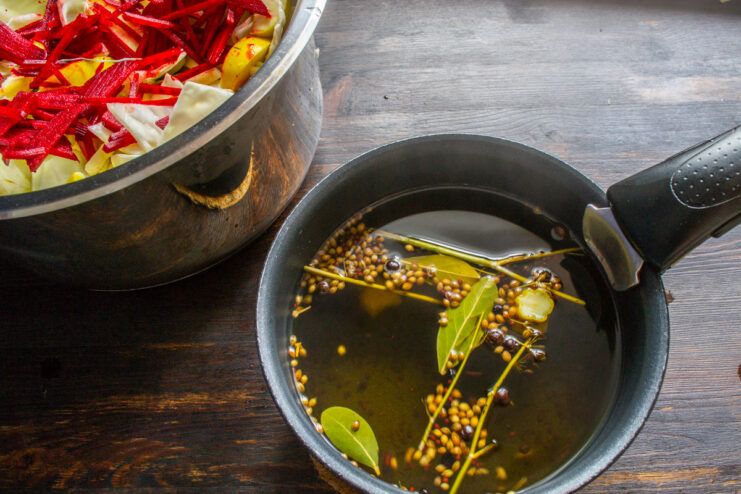 Important Step: Letting the Pickling Brine Cool Down A saucepan with pickling brine cooling on the counter.
