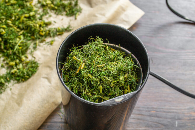 Using a coffee grinder to turn dried dill into a fine powder Dried dill being poured into an electric coffee grinder.