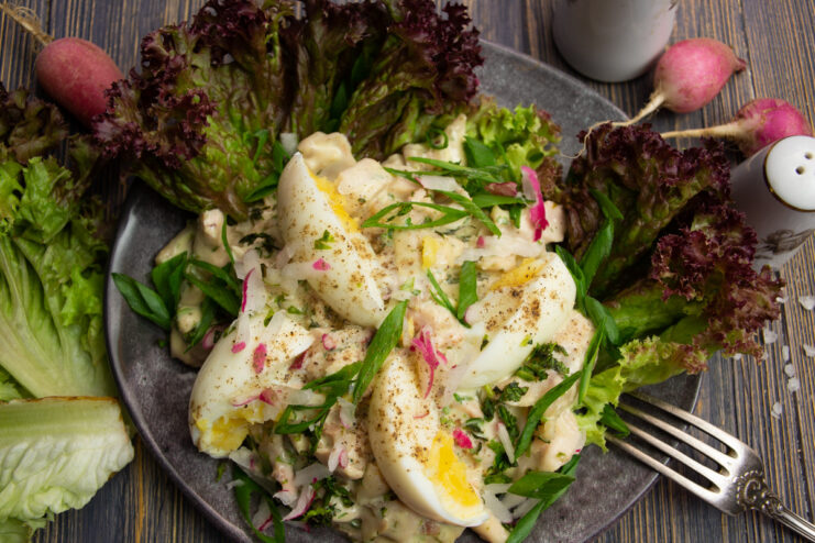 A bowl of freshly made keto chicken salad, topped with egg wedges, radish, and green onions.