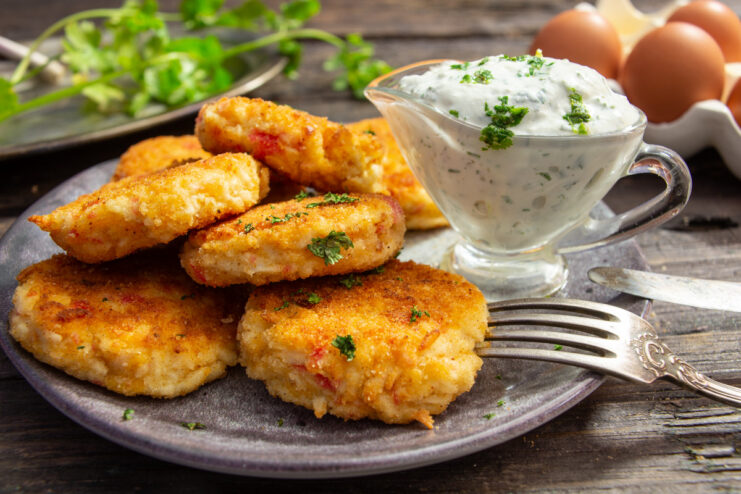 A plate of golden-brown crab stick cutlets with cheddar cheese, served with a creamy sauce and fresh herbs.