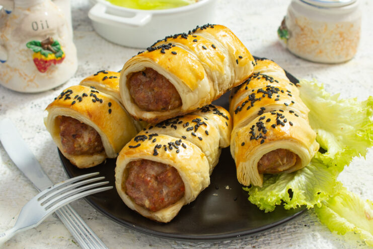 A plate of freshly baked meat patties in puff pastry, garnished with herbs.