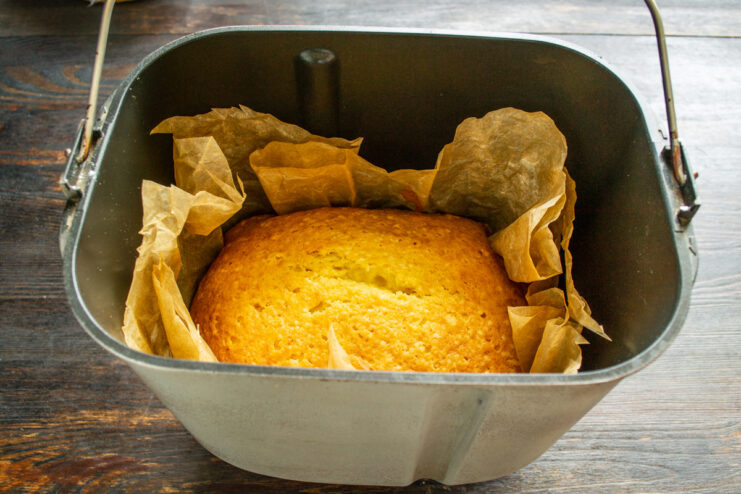 Baking the lemon pound cake in the bread machine. The lemon pound cake baking inside the bread machine.