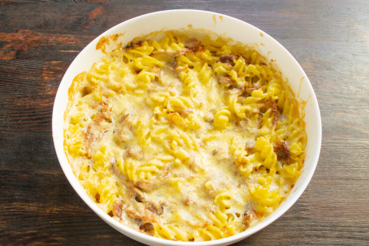 Baking the Casserole to Golden Perfection The turkey pasta casserole baking in the oven until golden and bubbly.