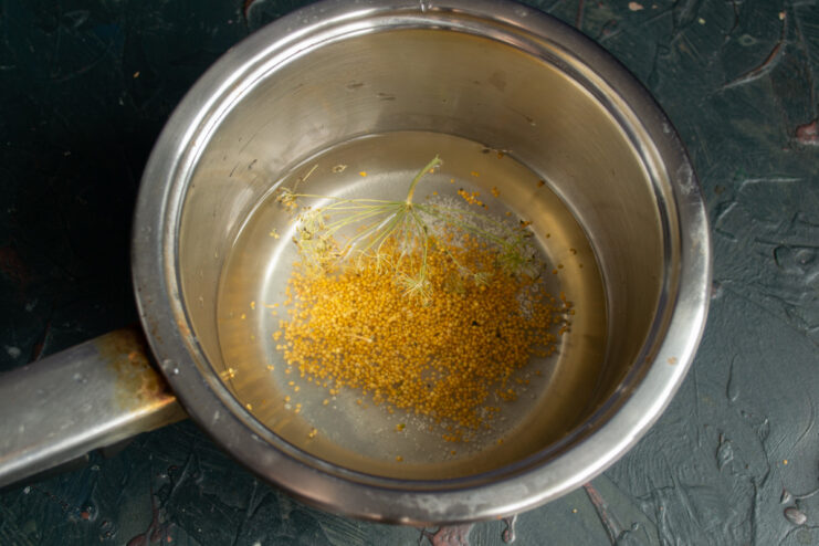 Boiling the Brine for Perfect Pickles A pot of pickling brine with spices boiling on the stove.