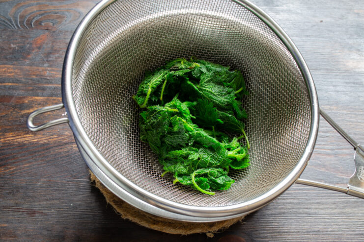 Draining Blanched Nettles to Remove Excess Water Blanched nettle leaves being drained in a metal sieve.