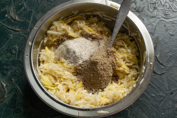 Using whole grain rye flour to thicken the mixture and add an earthy flavor. Adding a spoonful of whole grain rye flour to the vegetable patty mixture.