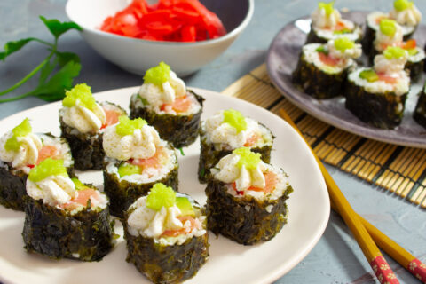 Salmon, Avocado, and Bell Pepper Sushi Rolls