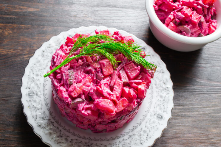 Enjoy your perfectly plated Barbie Beetroot Salad! The finished Barbie Beetroot Salad, perfectly shaped and garnished with a sprig of dill.