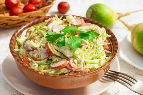 Green Radish Salad with Smoked Sausage