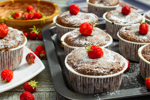 Chocolate Muffins with Canned Peaches