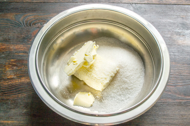Creaming Butter and Sugar for the Pastry A bowl with softened butter and sugar, ready to be mixed for the tart dough.