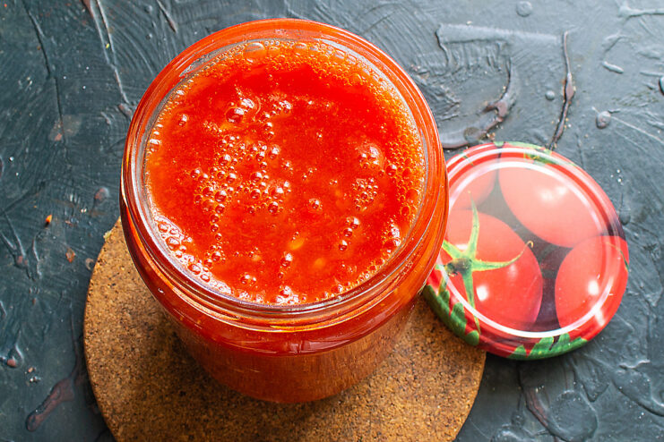 Canning the Sauce: Filling Sterilized Jars for Preservation Hot tomato sauce being ladled into a clean, sterilized glass jar for canning.
