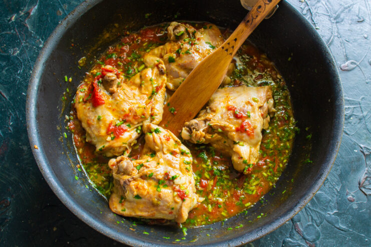 The finished Chakhokhbili being stirred in the skillet, ready to be served.