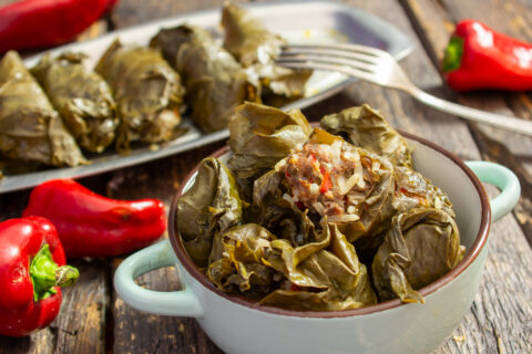 Dolma — Stuffed Grape Leaves with Meat, Rice, and Vegetables