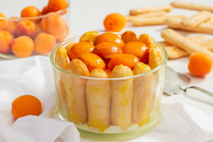 A finished no-bake fruit cake topped with caramelized apricots in a glass dish.